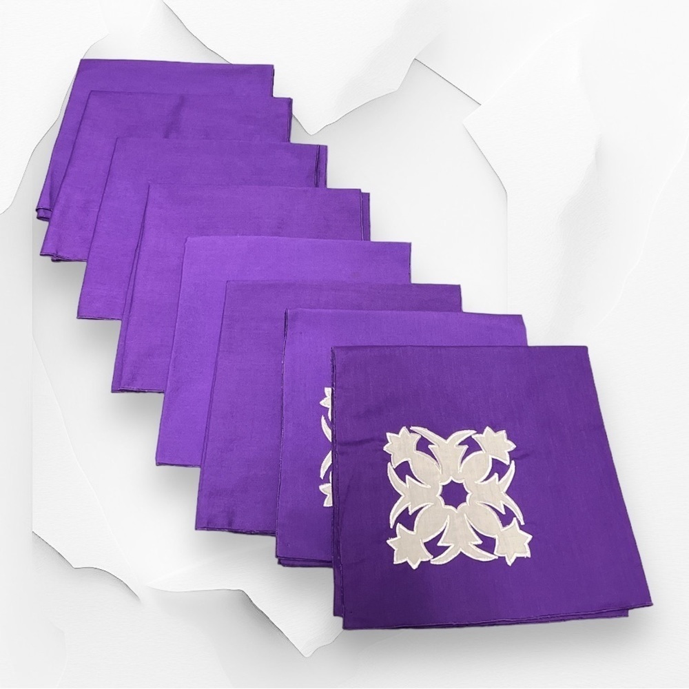 Hawaiian Quilted Pineapple Table Napkins Set 8 Pieces Purple Patchwork 15x15